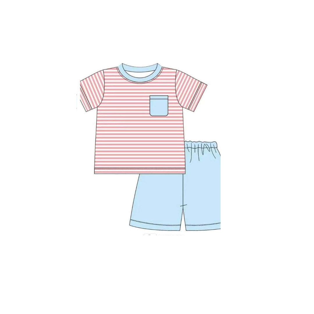 PRE ORDER - Funfetti Kids Coral/Blue Stripe Knit Short Set