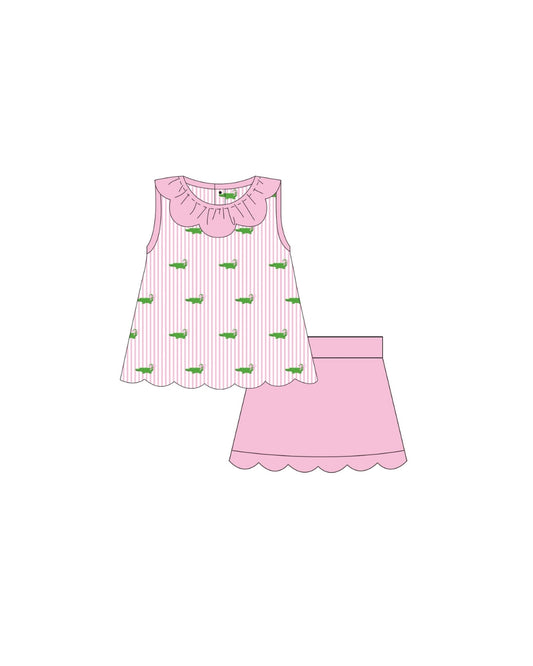 PRE ORDER - Hazel Blue Pink Seersucker Embroidered Gator Skort Set