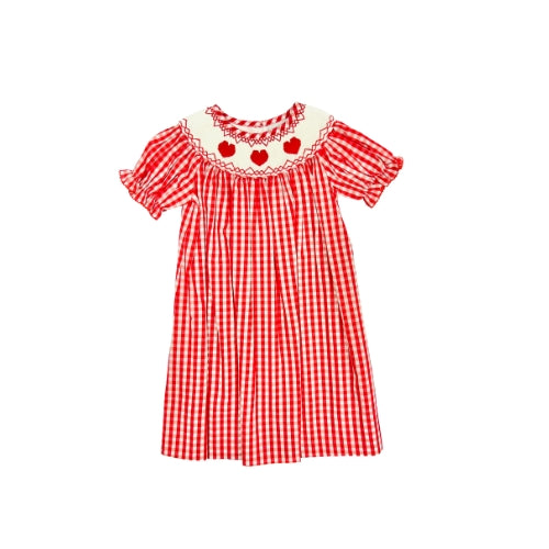 Delaney Girl Red Check Smocked Heart Dress