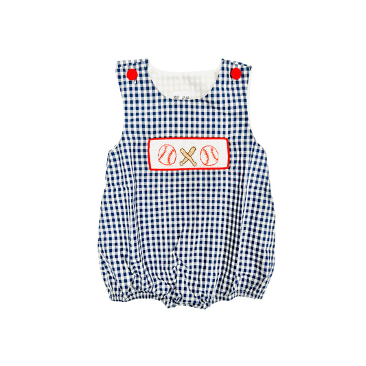 Funfetti Kids Boy Hand Smocked Blue Check Baseball Bubble