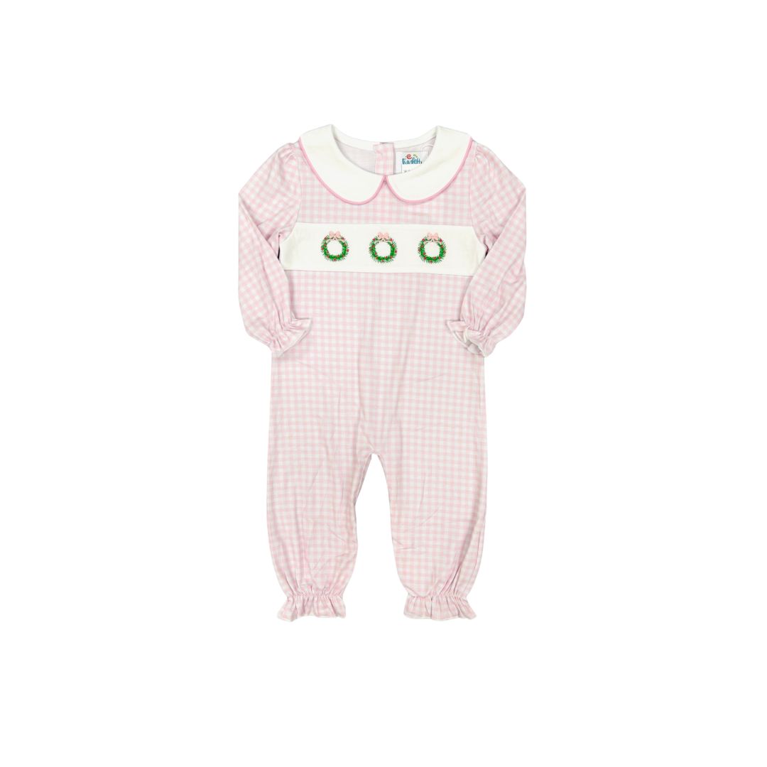 Funfetti Kids Pink Gingham Wreath Embroidered Romper