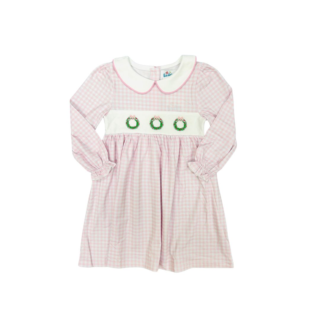 Funfetti Kids Pink Gingham Wreath Embroidered Dress