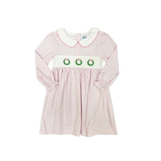 Funfetti Kids Pink Gingham Wreath Embroidered Dress