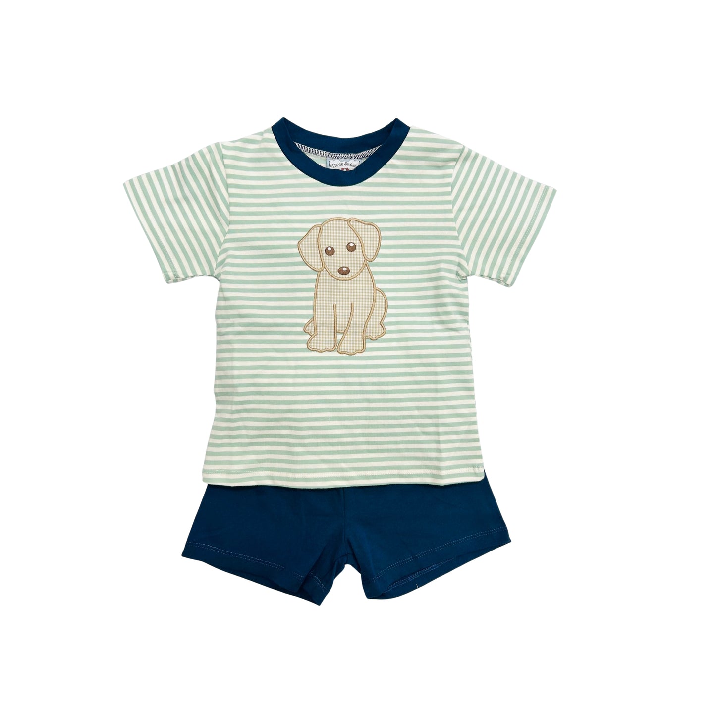 Three Sisters Green Stripe Dog Applique Short Set