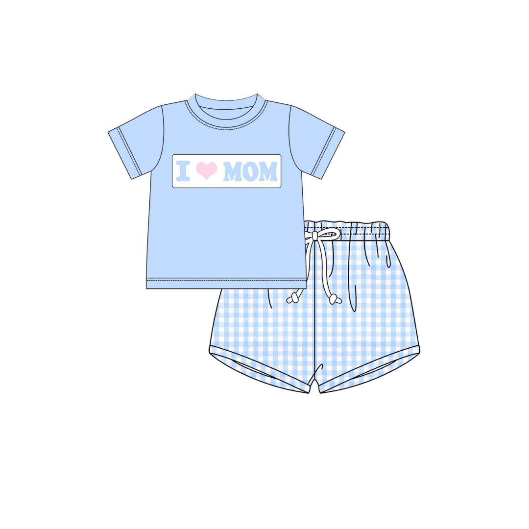 PRE ORDER - Funfetti Kids Blue Check I Love Mom Short Set