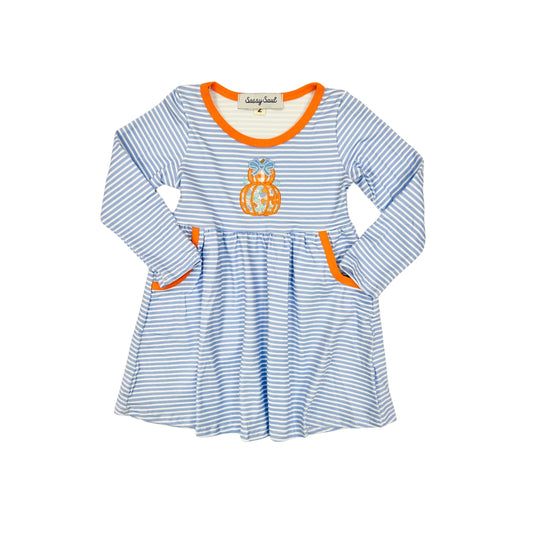 Blue Stripe/Floral Pumpkin Applique Dress