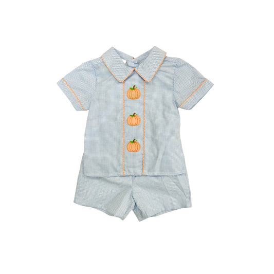 Baby Blessings Boys Blue Embroidered Pumpkin Short Set