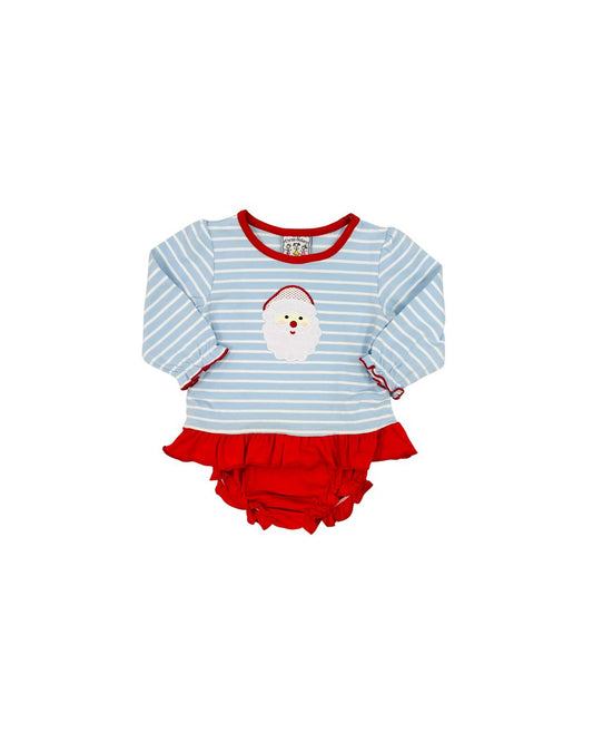 Three Sisters Blue Stripe Santa Applique Ruffle Bloomer Set