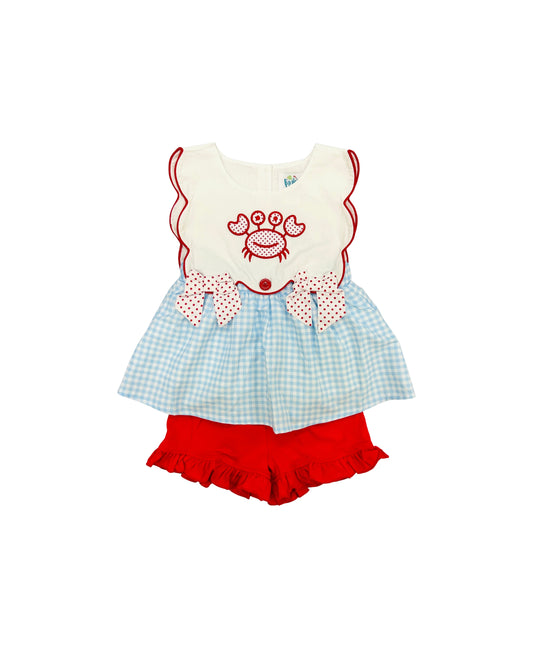 Funfetti Kids Blue Gingham/Polka Dot Crab Short Set with Bows