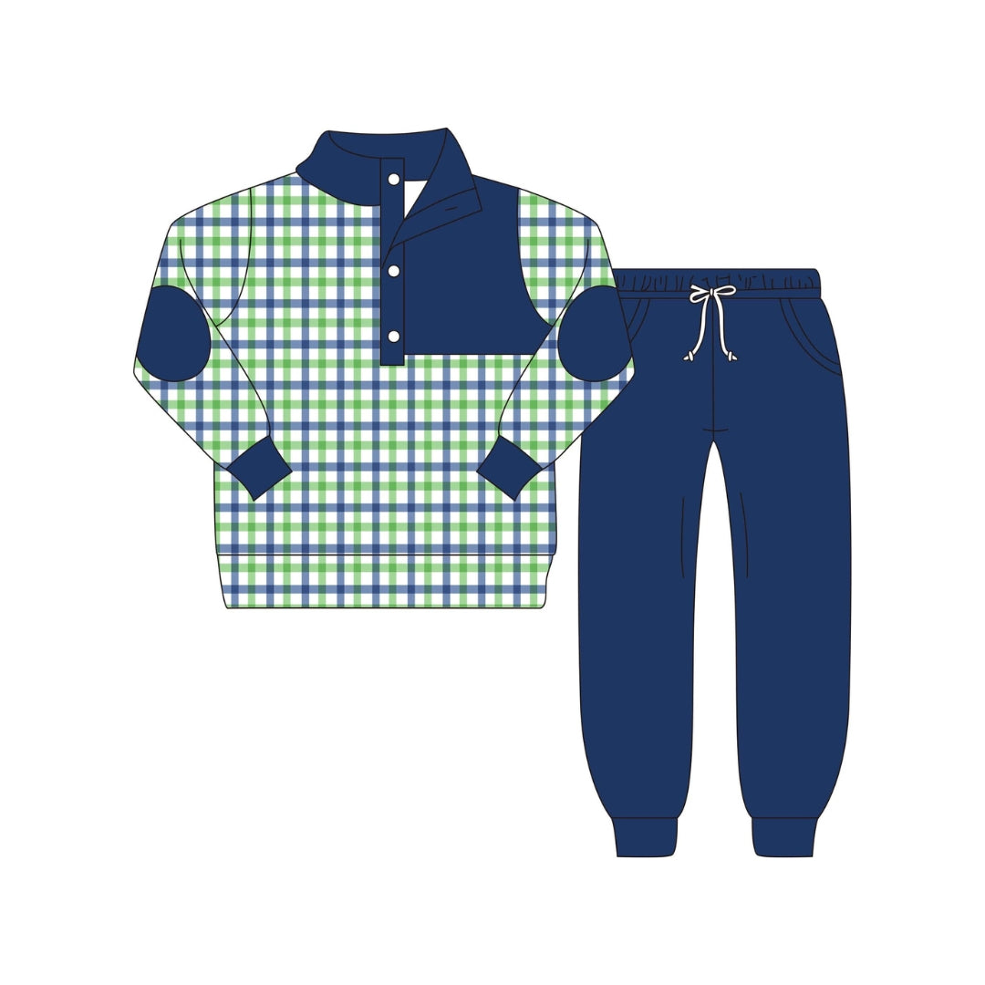 PRE ORDER - Funfetti Kids Green/Navy Plaid Jogger Set