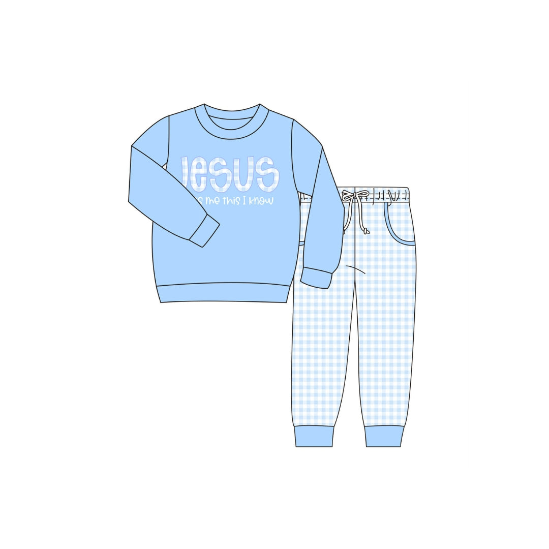 PRE ORDER - Funfetti Kids Jesus Loves Me This I Know Gingham Jogger Set