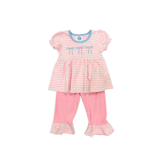 Funfetti Kids Pink Stripe with Blue Bows Pant Set