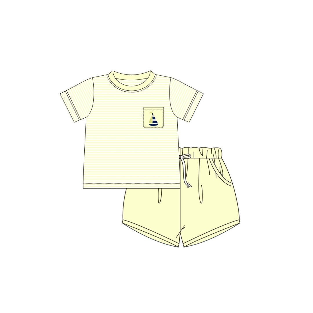 PRE ORDER -Funfetti Kids Yellow Stripe Sailboat Embroidered Short Set