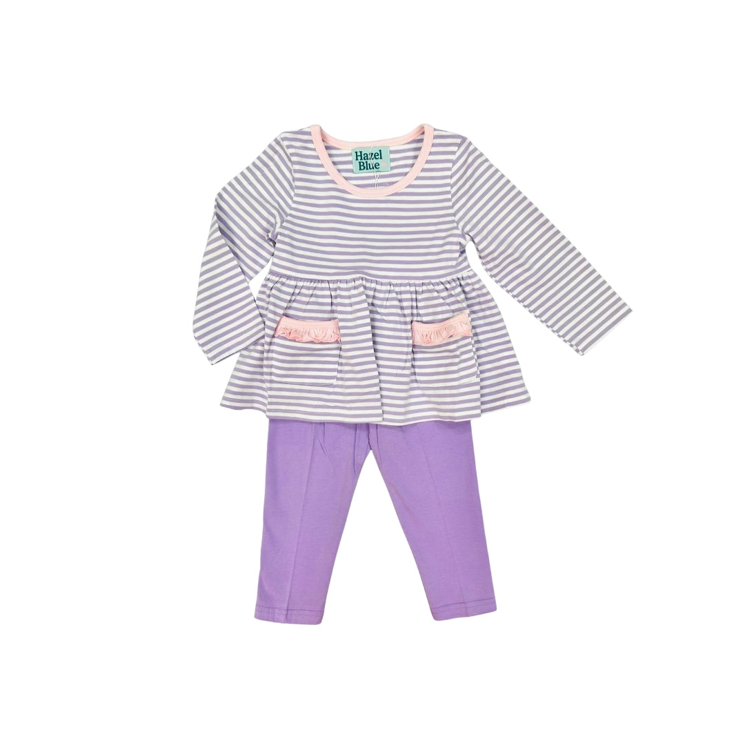 Hazel Blue Purple Stripe Legging Set with Ruffle Pockets