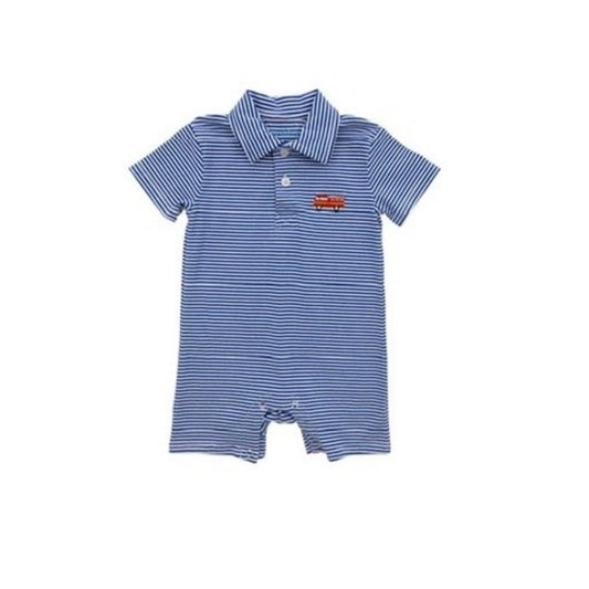 Itsy Bitsy Embroidered Firetruck Royal Blue Romper