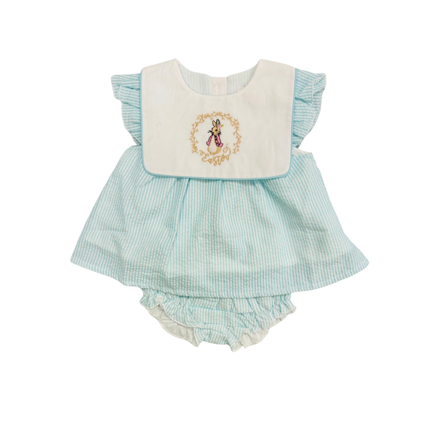 Funfetti Kids Mint Seersucker Embroidered Peter Rabbit Bloomer Set