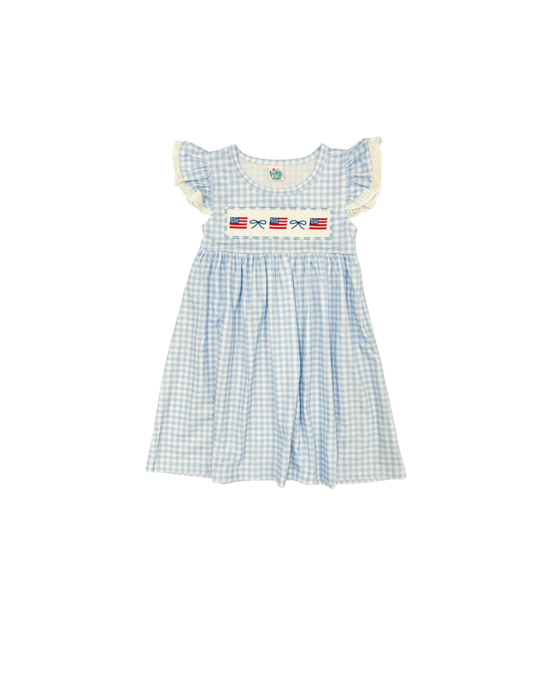 Funfetti Kids Blue Gingham Flag Embroidered Dress