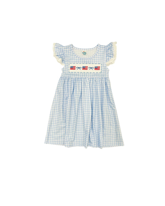 Funfetti Kids Blue Gingham Flag Embroidered Dress