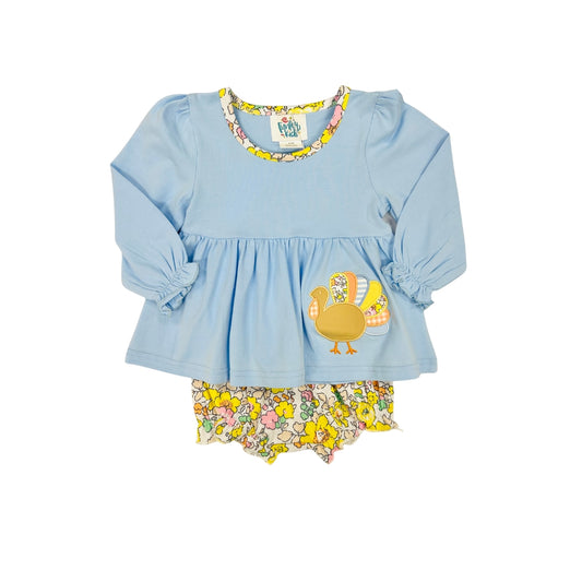 Funfetti Kids Blue/Floral Turkey Applique Bloomer Set