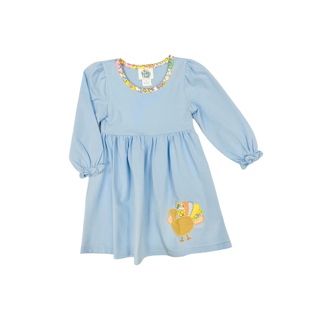 Funfetti Kids Blue/Floral Turkey Applique Dress