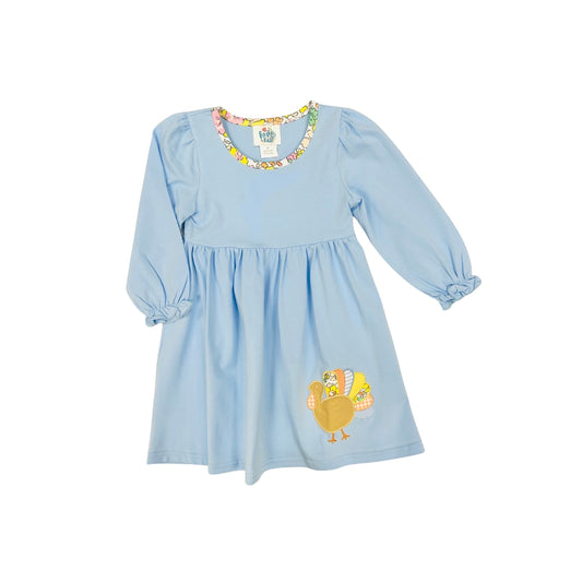 Funfetti Kids Blue/Floral Turkey Applique Dress