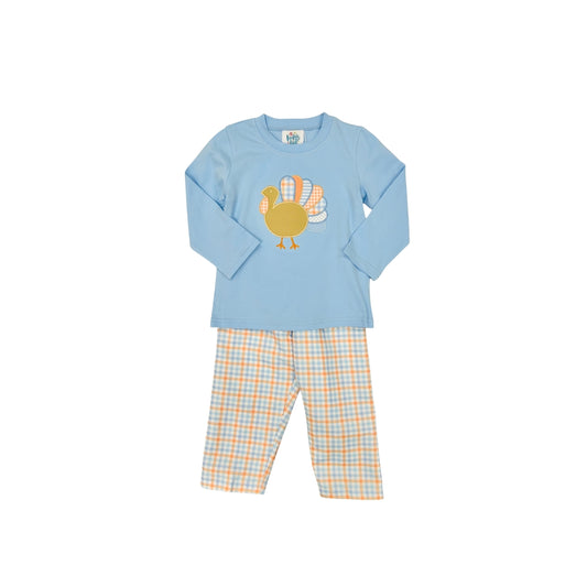 Funfetti Kids Blue/Plaid Turkey Applique Pant Set