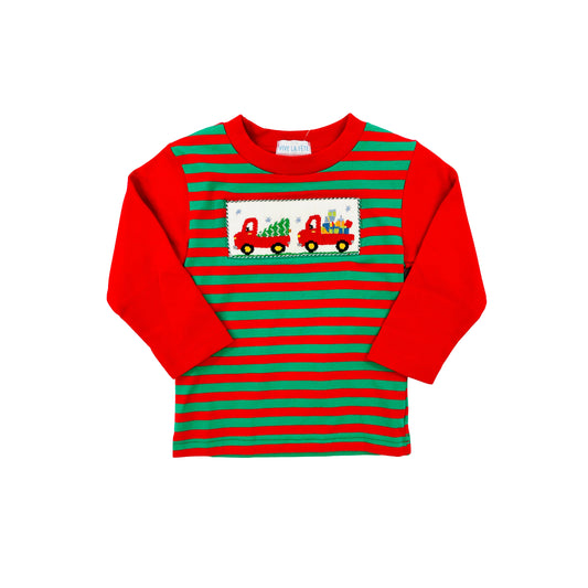 Vive La Fete Smocked Tree in Truck Striped Long Sleeve Shirt