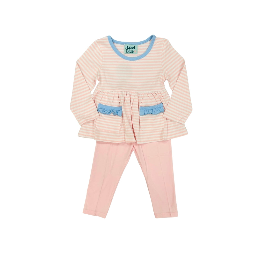 Hazel Blue Pink Stripe Legging Set with Ruffle Pockets