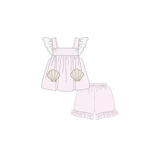 PRE ORDER - Funfetti Kids Pink Seersucker/Shell Applique Short Set