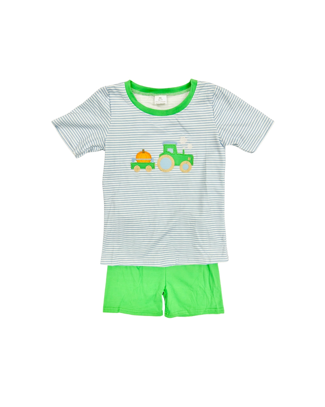 Blue Stripe Tractor/Pumpkin Short Set - 6/7