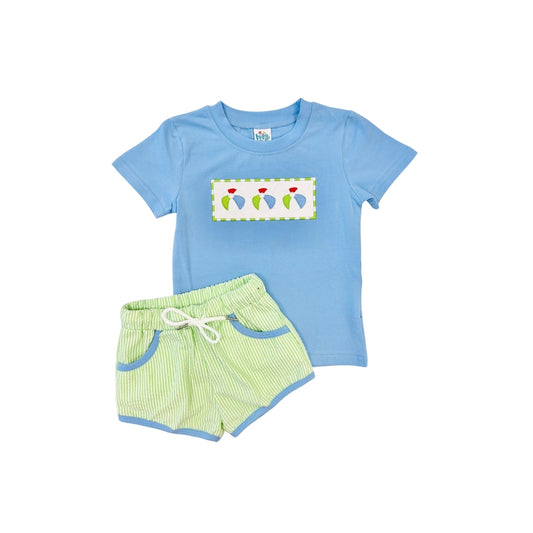 Funfetti Kids Blue/Green Embroidered Beach Ball Short Set