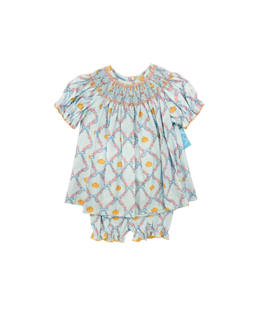 Anavini Hand Smocked Blue Bow/Pumpkin Bloomer Set
