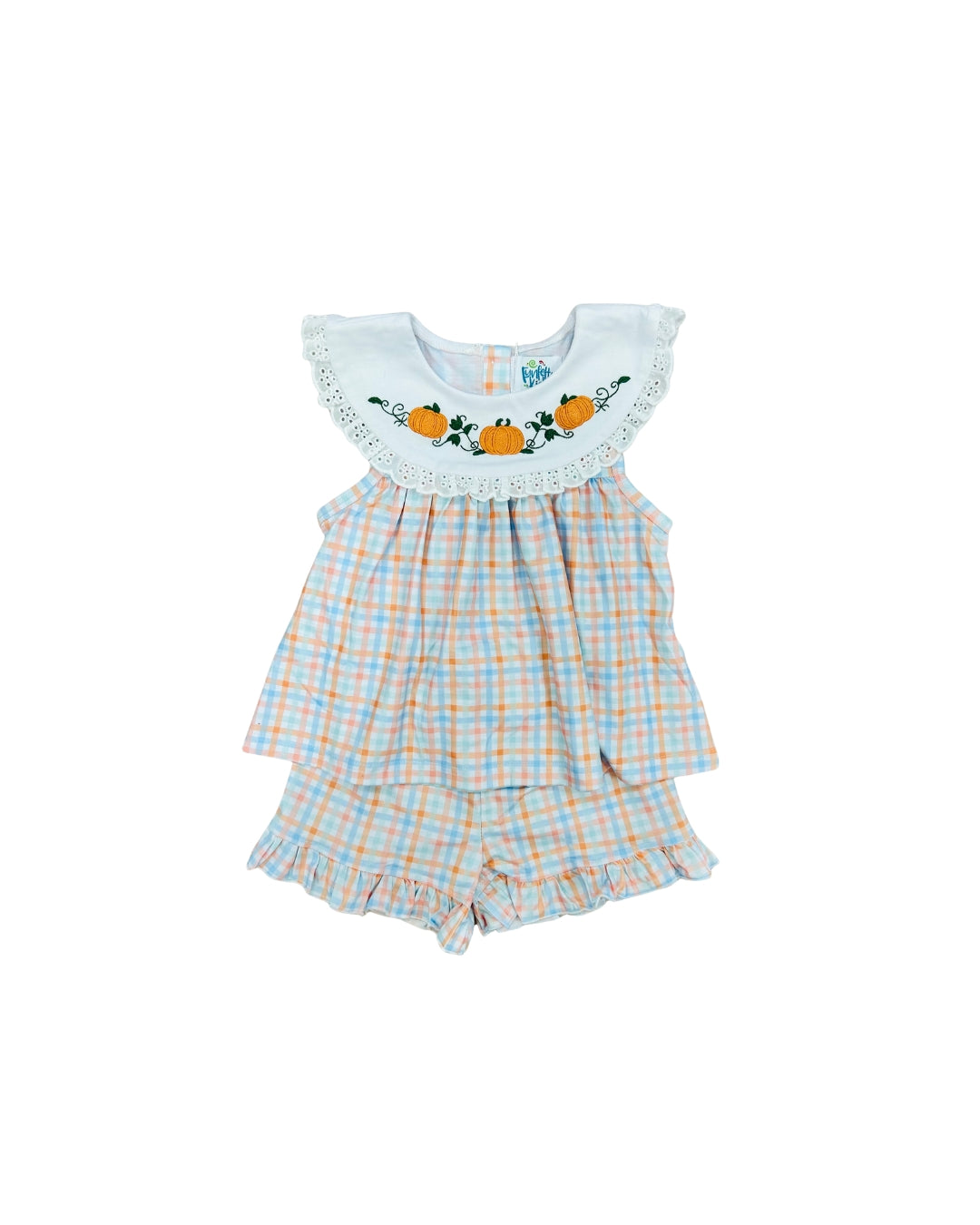 Funfetti Kids Embroidered Pumpkin/Plaid Short Set with Eyelet Lace Trim