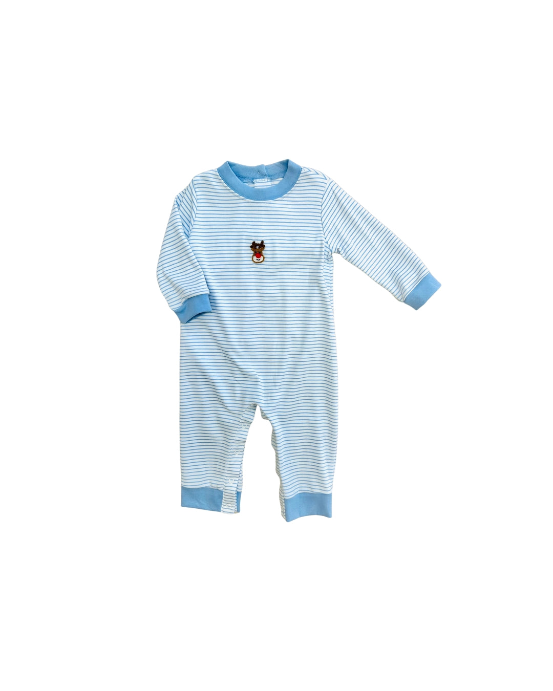 Petit Bebe Blue Stripe Reindeer French Knot Romper