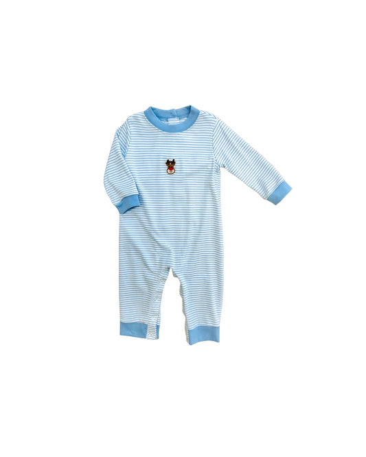 Petit Bebe Blue Stripe Reindeer French Knot Romper