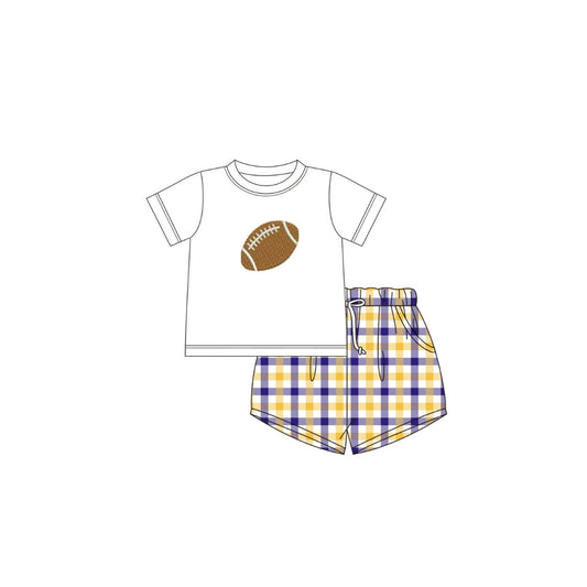 PRE ORDER - Funfetti Kids Purple/Gold Plaid Football Applique Short Set