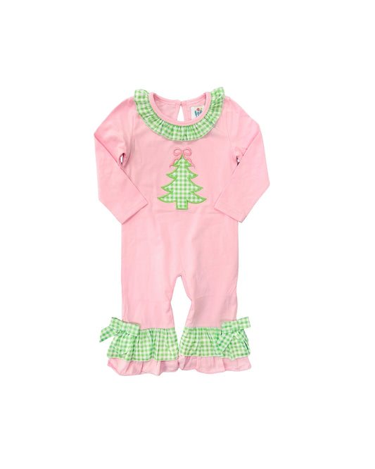 Funfetti Kids Pink/Green Gingham Christmas Tree Applique Ruffle Romper
