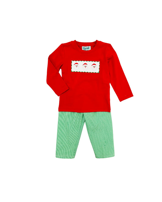 Hazel Blue Dark Green Micro Check Gingham Pant Set with Embroidered Santa