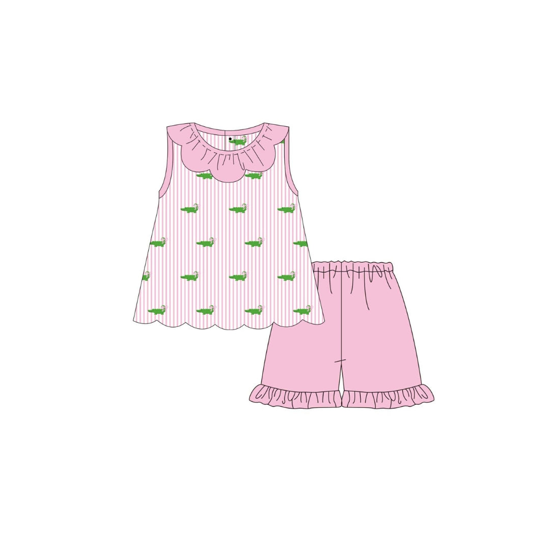 PRE ORDER - Funfetti Kids Seersucker/Alligator Ruffle Short Set