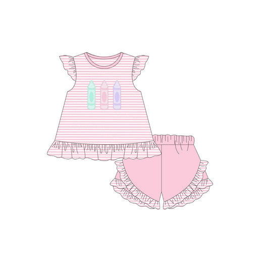 PRE ORDER - Funfetti Kids Pink Stripe Crayon Applique Ruffle Short Set