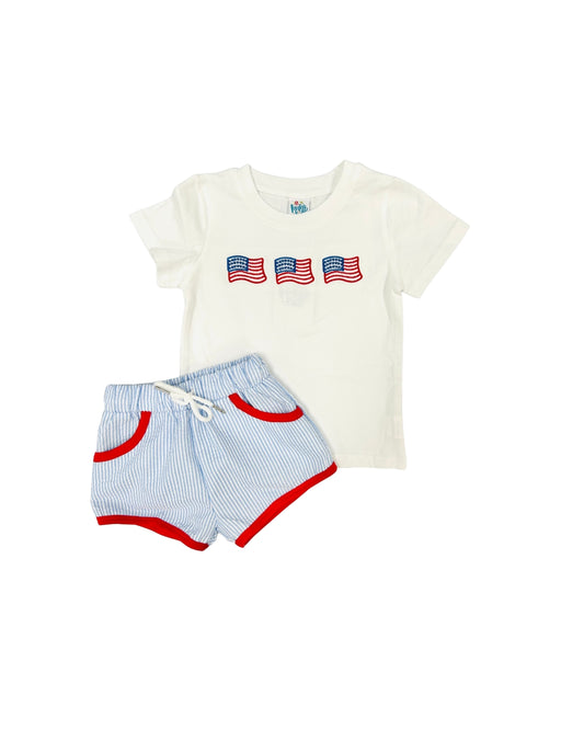 Funfetti Kids Seerscuker Embroidered Flag Short Set
