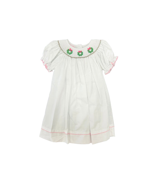 Anavini Hand Smocked Pink Bow Wreath Dress