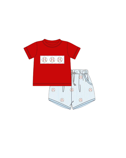 PRE ORDER - Hazel Blue Baseball Embroidered Seersucker Short Set