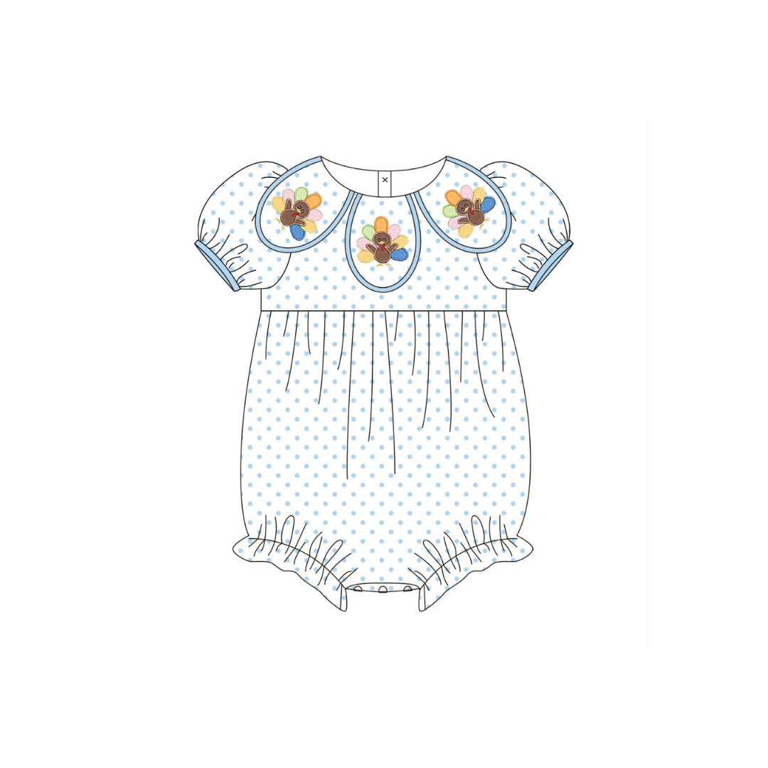 PRE ORDER - Funfetti Kids Blue Polka Dot Bubble with Turkey Embroidered Petal Collar