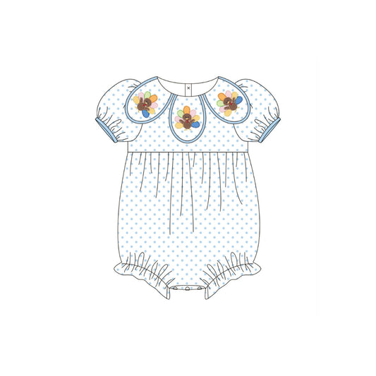PRE ORDER - Funfetti Kids Blue Polka Dot Bubble with Turkey Embroidered Petal Collar