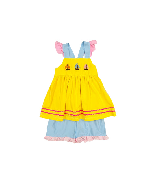 Yellow French Knot Sailboat Ruffle Short Set