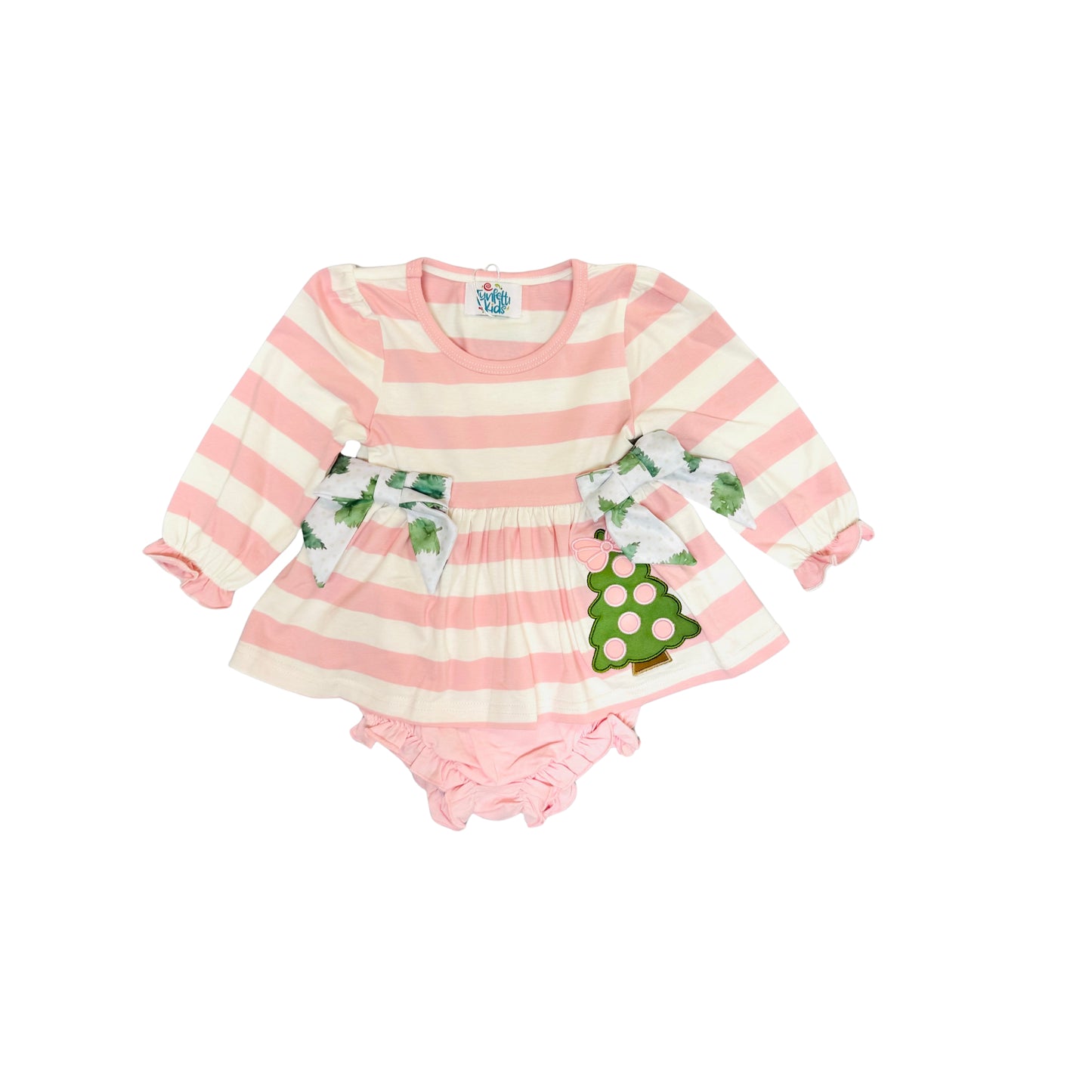 Funfetti Kids Girl Pink Stripe with Tree Applique Bloomer Set