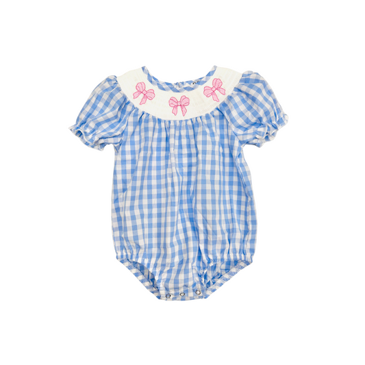 POSH Smocked Pink Bow/Blue Check Bubble