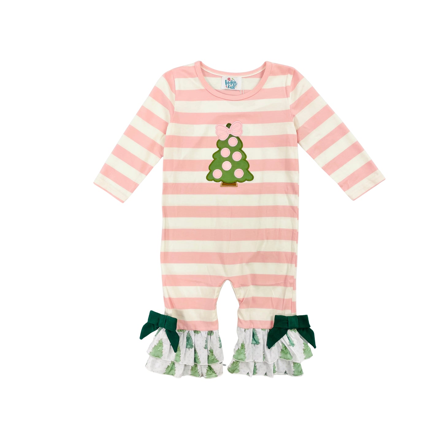 Funfetti Kids Girl Pink Stripe with Tree Applique Ruffle Romper