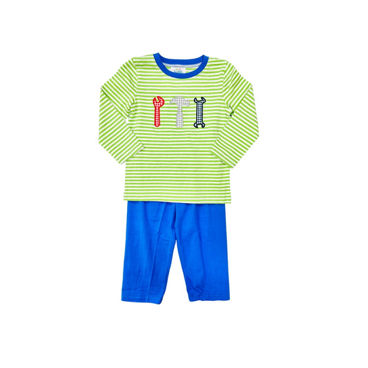 Funfetti Kids Green Stripe Tool Applique Pant Set